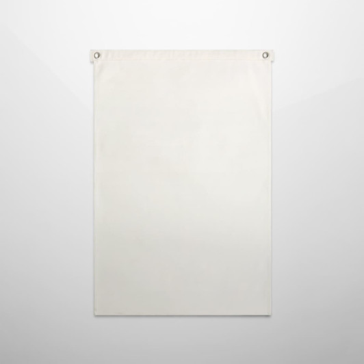 A large white canvas flag with reinforced grommets at the top for displaying or mounting.