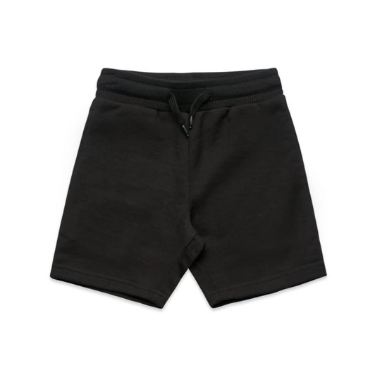 Black kids' sports shorts with an elastic waistband and drawstring, featuring a logo.