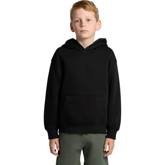 A black youth hoodie with a front pocket and a drawstring hood, worn by a child. The hoodie has a logo.
