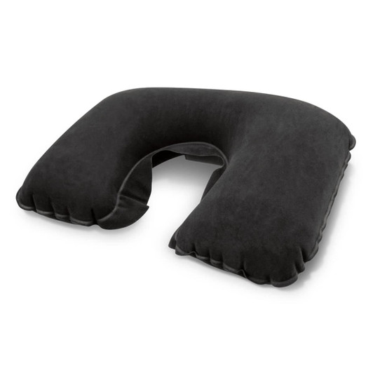 A black, U-shaped neck pillow with a soft, plush texture and a logo in one corner.