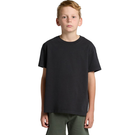A youth t-shirt in a faded black colour, featuring short sleeves and a crew neck design. Branding is visible.