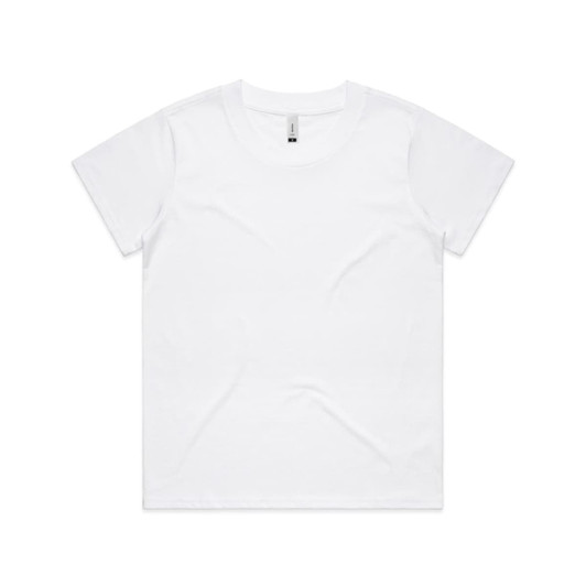 A white T-shirt featuring a crew neckline and short sleeves. The shirt has a tag inside, along with a logo on the label.