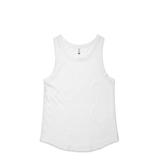 A white singlet shirt with a rounded hem and a tag inside, featuring a logo.