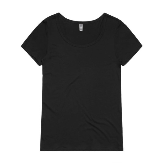 A black T-shirt with a shallow scoop neckline and short sleeves, featuring a tag inside.