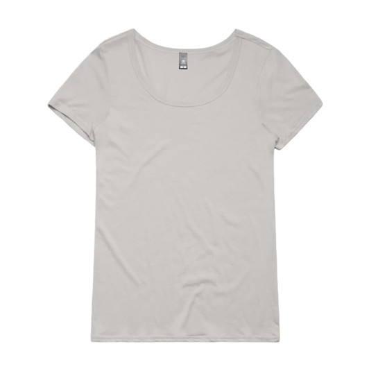 A light grey scoop neck t-shirt with short sleeves, featuring a logo at the neckline.