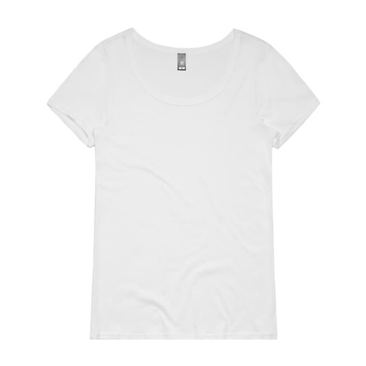 A white shallow scoop tee with a smooth, lightweight fabric and a round neckline. It features a brand logo.