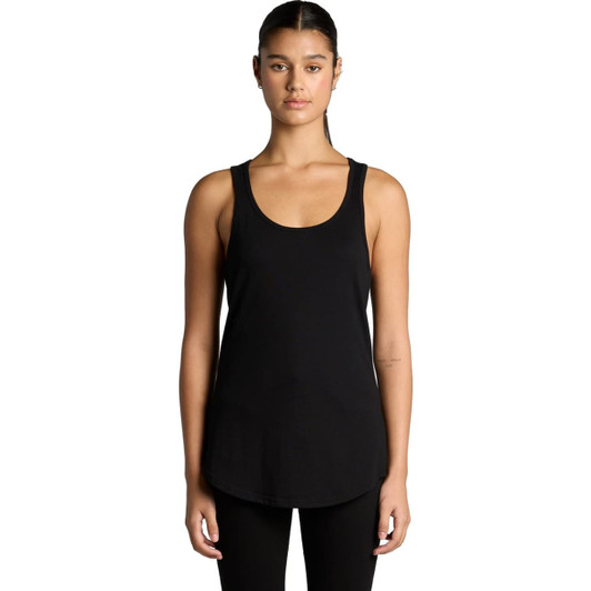 A black racerback singlet with a relaxed fit and a rounded hemline, featuring a small logo.