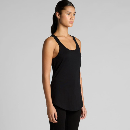 A black racerback singlet from the "Wo's Mali" collection, featuring a simple design and a fitted silhouette.