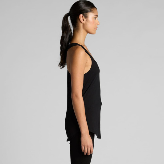 A black racerback singlet, featuring a relaxed fit and a side view of the model wearing it.