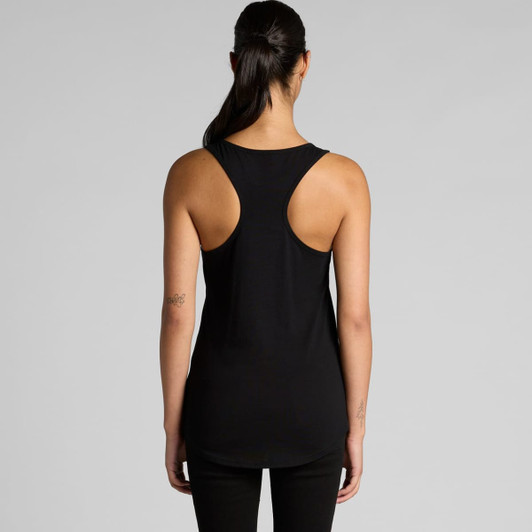 A black racerback singlet shirt with a long cut, featuring a logo on the back.