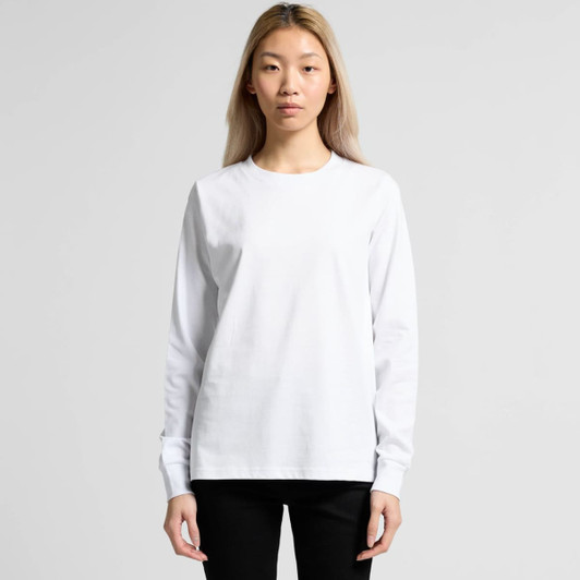 A long-sleeve t-shirt in white with a relaxed fit, featuring a logo on the front.