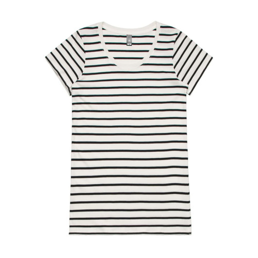 A striped T-shirt featuring horizontal black and white stripes, with a V-neck design and short sleeves.