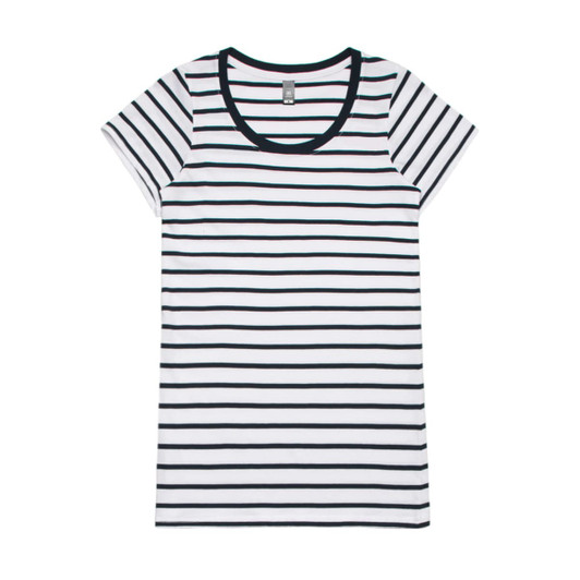 A striped tee in white and navy with short sleeves and a rounded neckline, featuring a logo on the label.
