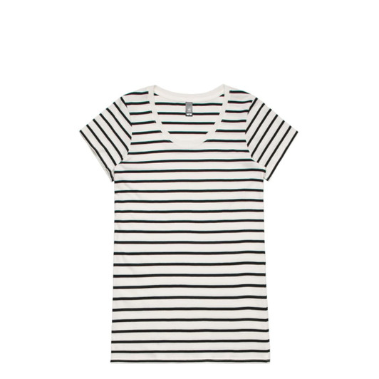 A striped tee in white with black stripes, featuring a v-neck and short sleeves. Includes a branding logo.