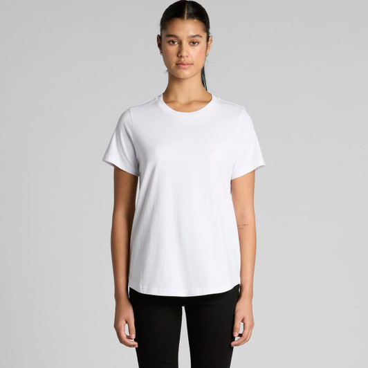 A white t-shirt with a relaxed fit and short sleeves, featuring a subtle logo.