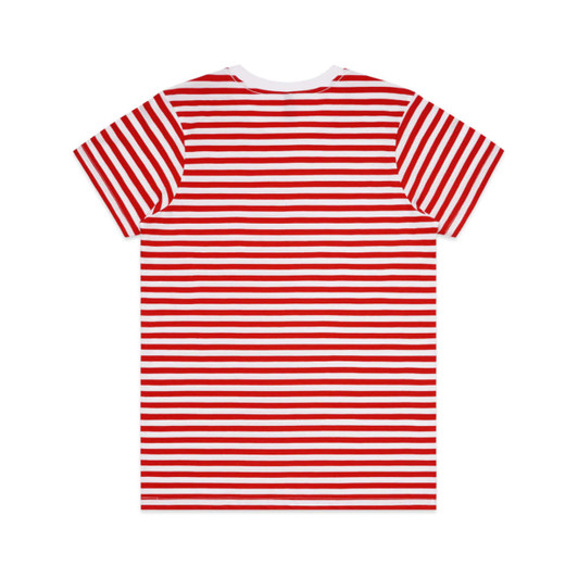 A red and white striped T-shirt featuring a crew neck and short sleeves, with a logo at the back.