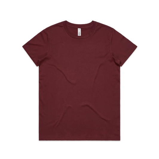 A maroon basic tee, short-sleeved with a round neckline. The shirt features a logo on the tag.