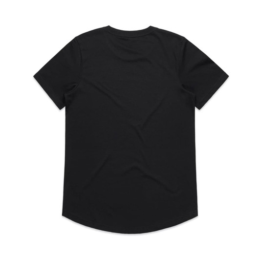 A black t-shirt featuring a curved hem and a plain back. It includes a logo in a visible location.