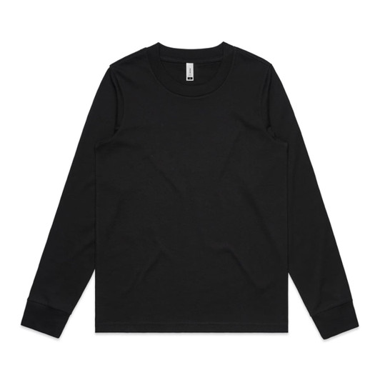 A black long-sleeve T-shirt with a round neckline and a logo. It has long sleeves and a simple design.
