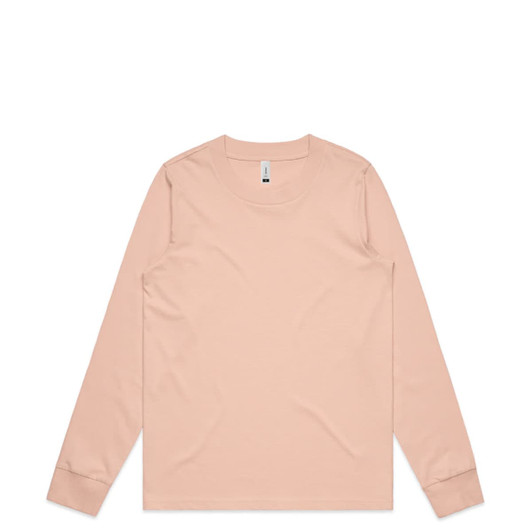 A long-sleeve t-shirt in a soft peach colour, featuring a plain design and a round neckline. It has branding on the tag.