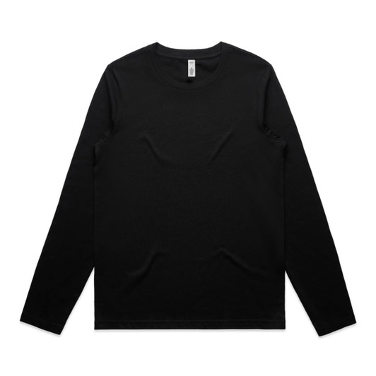 A black long-sleeve t-shirt with a round neckline and a label inside. It has branding on it.