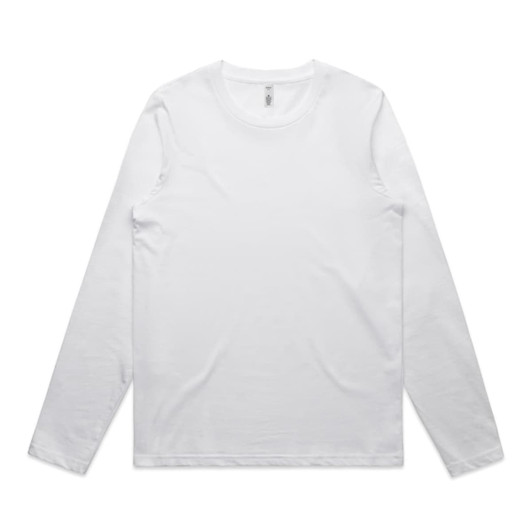 A long-sleeve white T-shirt with a round neckline and a branding logo.