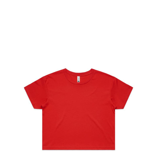 A red crop tee featuring a simple, short-sleeved design and a label inside the neckline.