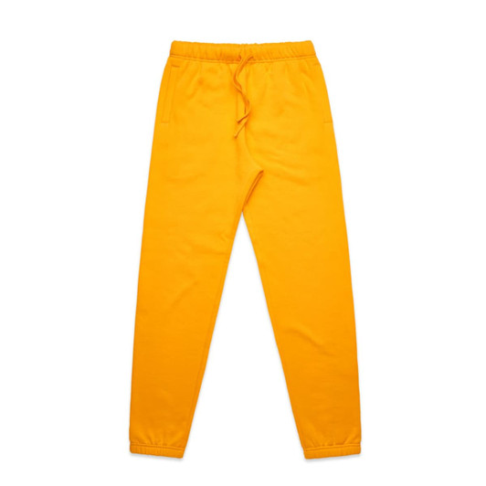 A pair of bright yellow track pants with an elastic waistband and pockets, featuring a logo.