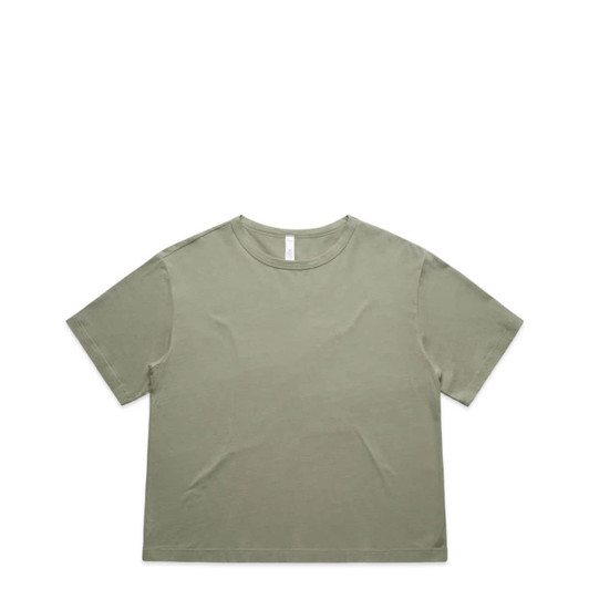 A soft green T-shirt featuring a crew neckline and short sleeves, with a brand logo.
