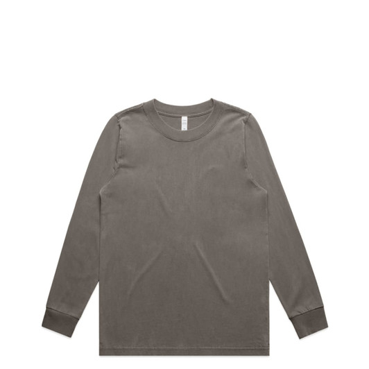 A long-sleeve T-shirt in a faded olive green colour with a simple design and a branding logo.