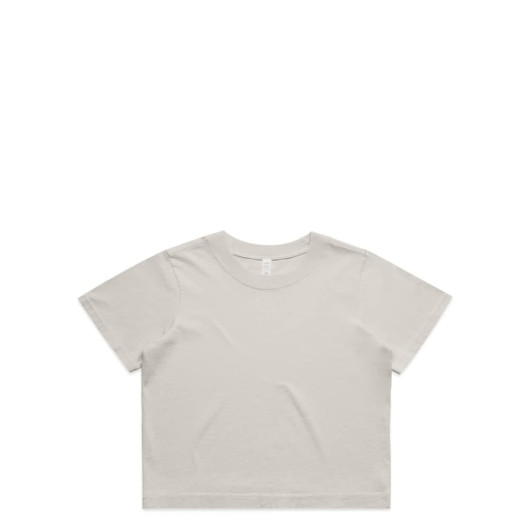 A light grey cropped t-shirt with short sleeves, featuring a logo on the front.