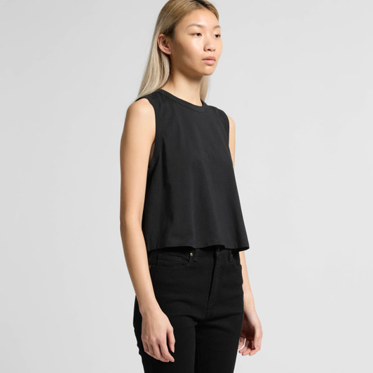 A black crop tank top with a sleeveless design, featuring a relaxed fit and a logo.