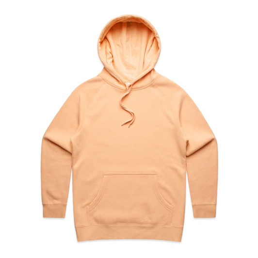 A peach-coloured hoodie with a kangaroo pocket and a drawstring hood, featuring a logo.
