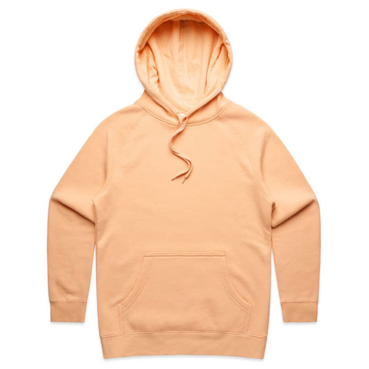 A peach-coloured hoodie with a front pocket and a drawstring hood. It features a logo on the front.