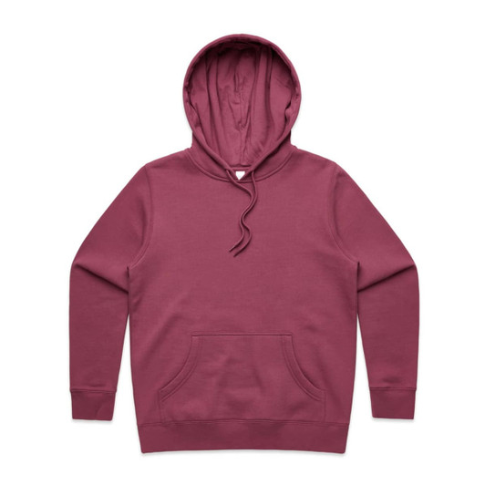 A maroon hoodie featuring a front pocket and a hood, with an attached drawstring. It has a logo on it.