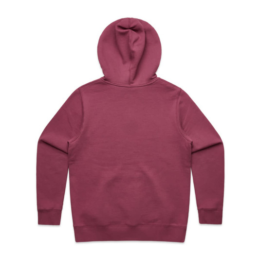 A maroon hoodie with a kangaroo pocket and a hood, featuring a logo on the back.