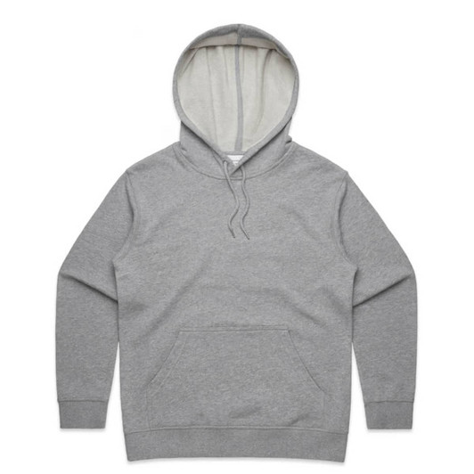 A grey hoodie featuring a spacious front pocket and a drawstring hood. It also has an inner lining.