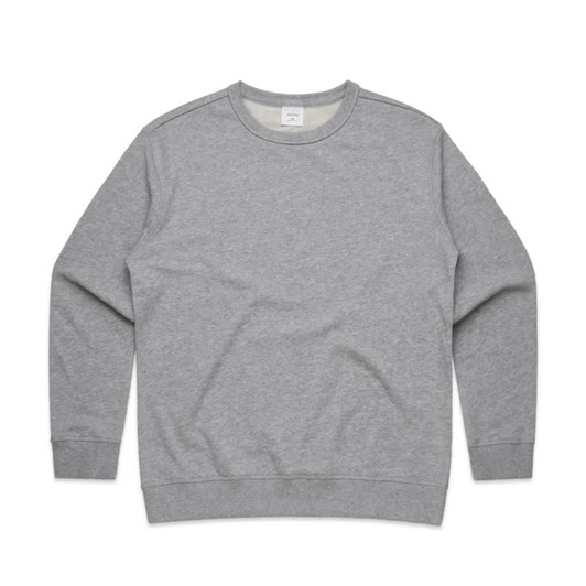 A grey sweater with a crew neck and long sleeves, featuring a simple design and branding.