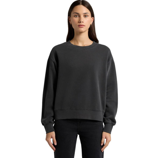 A dark grey faded crew jumper with a relaxed fit and long sleeves. It features a subtle logo.