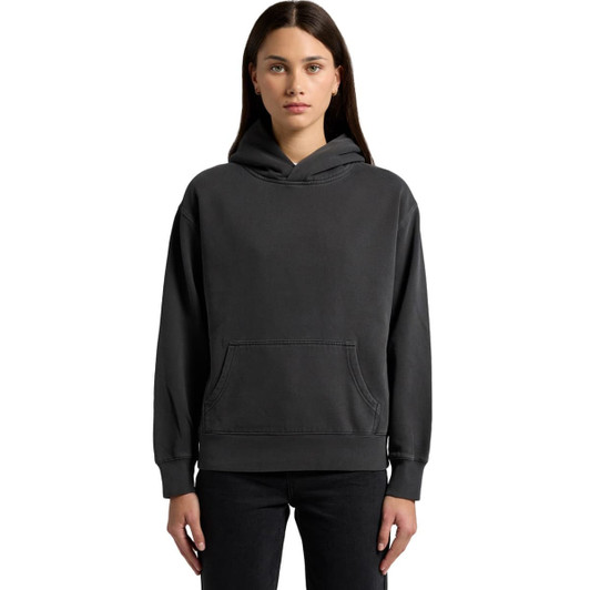 A faded black hoodie with a front pocket and a large hood, featuring a small logo.