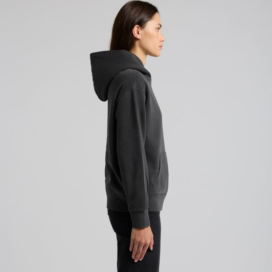 A faded black hoodie with a kangaroo pocket and a logo, viewed from the side.