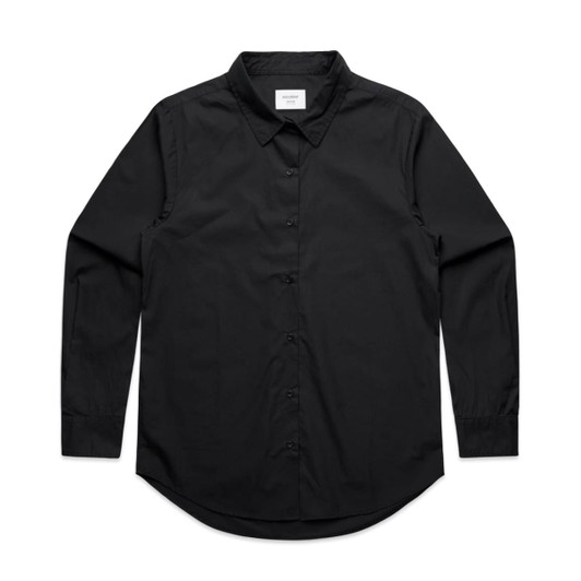 A black button-up shirt with long sleeves, featuring a standard collar and a logo on the label.