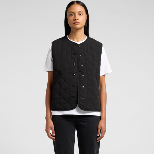A black quilted vest with a round neckline and button closure, worn over a white t-shirt.