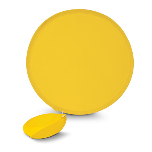 A round, yellow fan with a matching pouch attached.