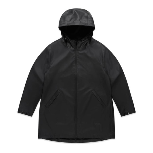 A black rain jacket with a hood, featuring side pockets and a zip closure, with a small logo on it.