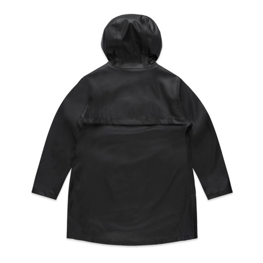 A rain jacket in black with a hood and a rear flap, featuring a logo on the back.