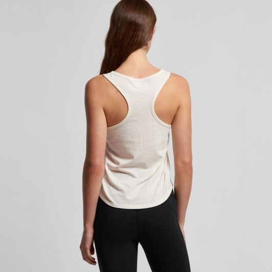 A racerback singlet in a light cream colour, featuring a logo and a smooth, fitted design at the back.