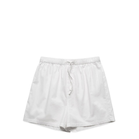White pyjama bottoms with an elastic waistband and drawstring, featuring a simple design with no visible patterns.