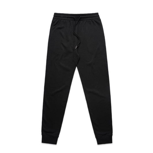 Black track pants with an elastic waistband and cuffed ankles. The design includes a logo.