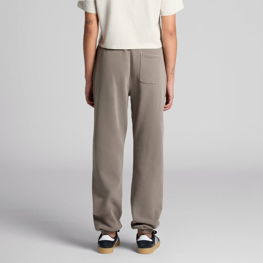 Faded taupe track pants with a back pocket, featuring an elasticised waistband and tapered cuffs.